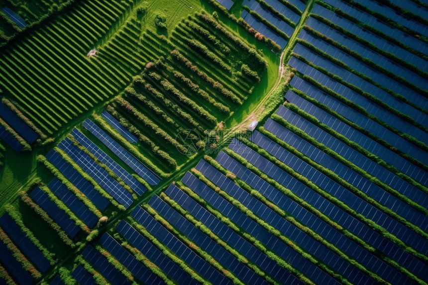 太阳能电池板农场俯瞰图图片