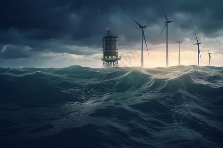 的未来派海洋中的风力涡轮机背景