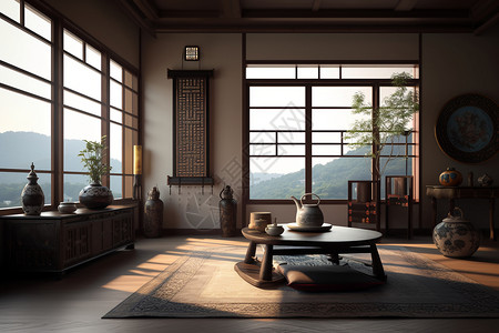 茶具设计优雅的传统茶室背景
