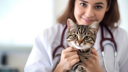 女猫女兽医抱着猫咪背景