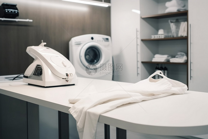现代洗衣房熨烫白衬衫图片