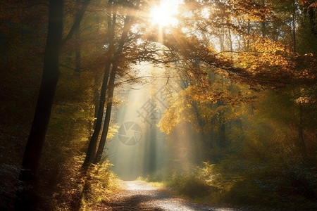 早晨阳光照在树林的图图片
