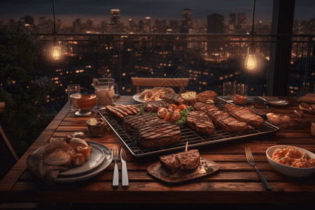 夜景下的烤肉盛宴高清图片