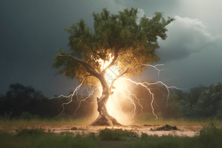 被风吹的树树被闪电击中设计图片