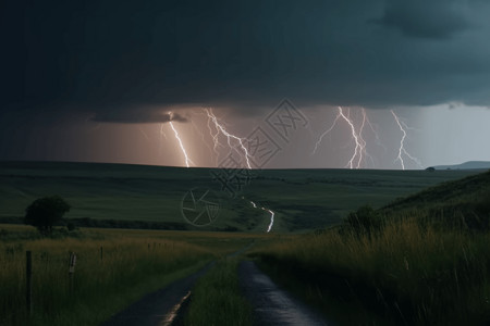 雷电下的乡村景观图片