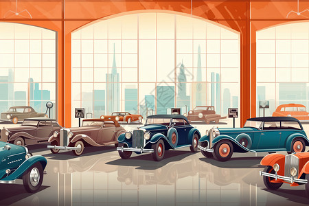 汽车历史展览。插画