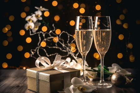 礼物和香槟酒图片