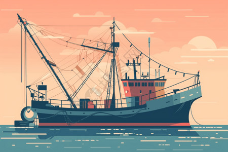 大型起重机一艘大型渔船插画