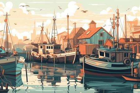 港口的一队渔船插画
