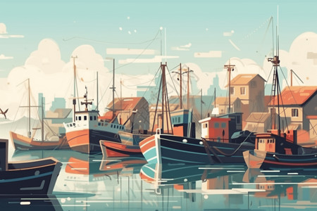 一队渔船停靠在港口插画