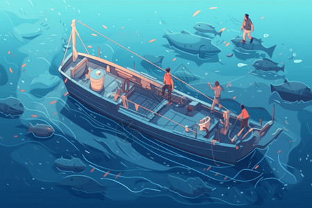 从水中捕鱼海洋中央的渔船插画