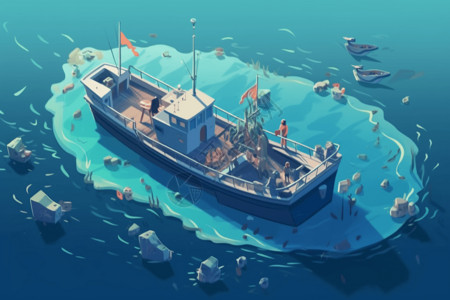 深海捕鱼海洋中央的一条船插画