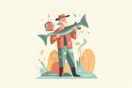 渔民扑鱼渔夫抱起大鱼插图插画