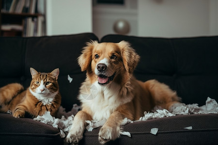 拆包装猫咪和狗狗在沙发上拆家背景