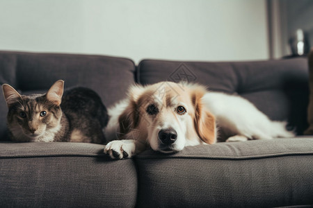 猫咪和狗狗躺在沙发上背景图片