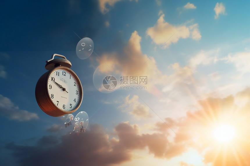 指针和时钟在天空中3D概念图图片