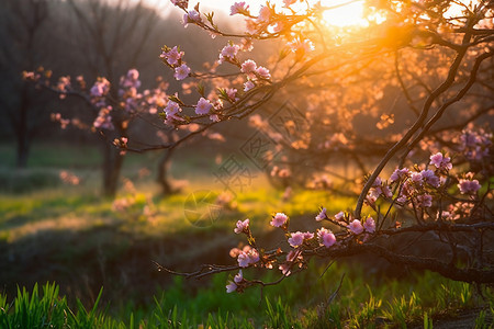 夕阳下的桃花绿草图片