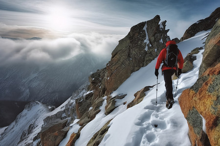 冬季登山者登山背影背景图片