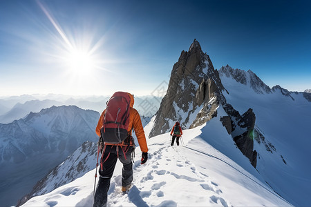 登山者攀登白雪皑皑的山峰图片背景图片