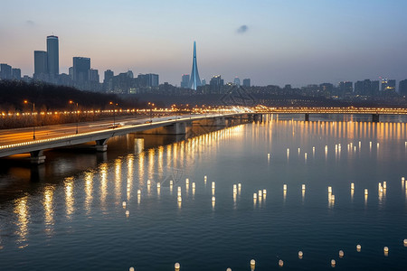 城市湖泊夜景背景图片