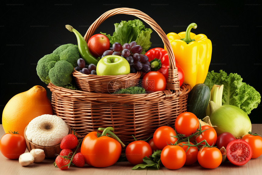 篮子中各种有机蔬菜和水果图片图片