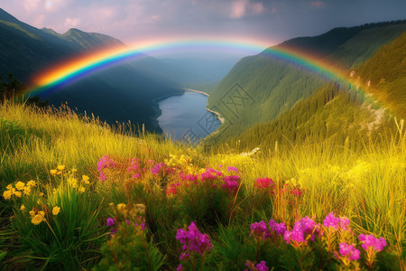 彩虹场景下的山川与湖海图片高清图片