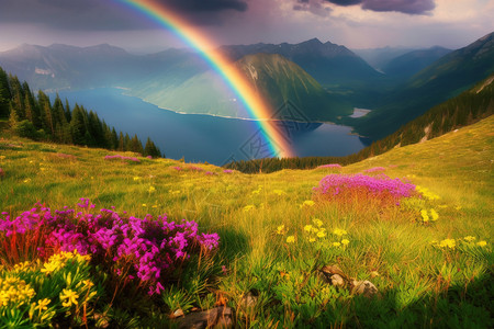 彩虹花朵边框彩虹场景下的山川与湖海背景