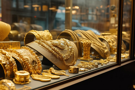 珠宝店橱窗里的金饰图背景图片