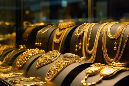 珠宝店橱窗里的金饰图片背景