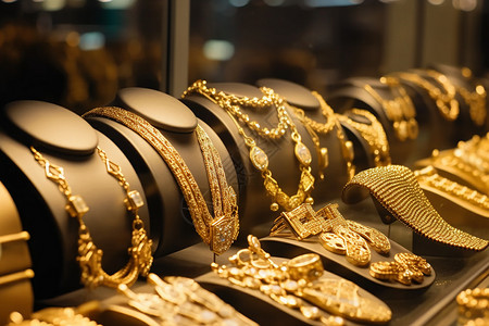 珠宝店橱窗里的金饰背景图片