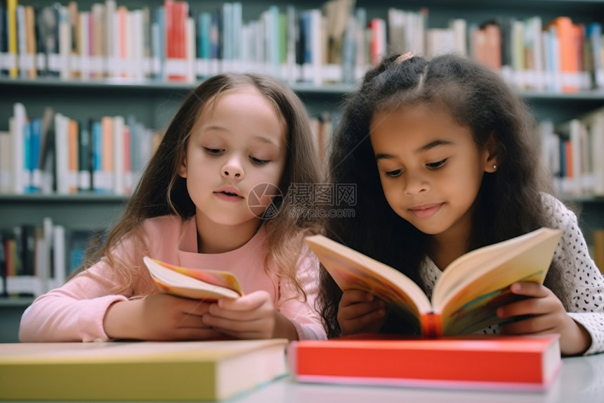 两个可爱的小女孩在图书馆阅读图片