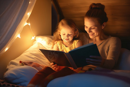 母亲为孩子读睡前故事图片