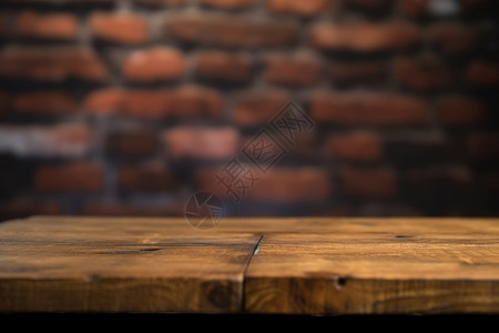 锈迹斑斑模糊砖墙前的木板桌子图设计图片