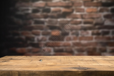 模糊砖墙前的木板桌子图片背景图片