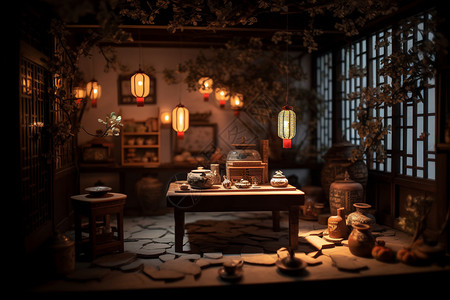 中式桌子茶具茶馆粘土模型设计图片