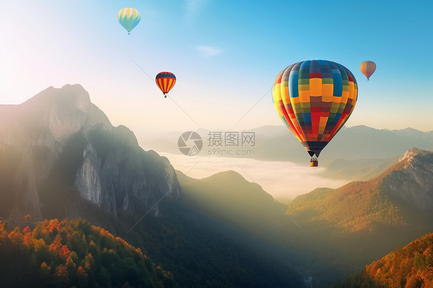 彩色热气球飞越山脉图片