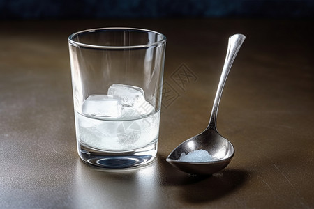 掉盐水玻璃杯中的盐水和茶匙中的盐背景