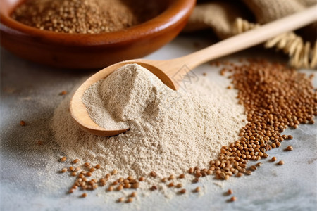 谷物加工荞麦粉和谷物的特写图片背景