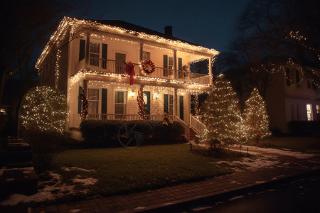 挂满圣诞装饰的房屋图片
