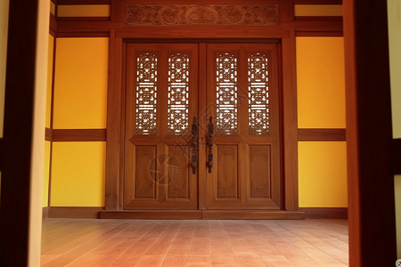 黄色木门佛教寺庙的木门背景