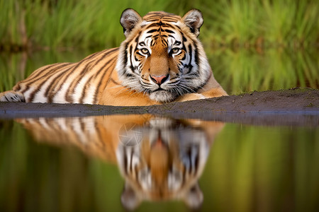 老虎水中的倒影图片