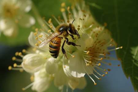 在菩提花上采蜜的蜜蜂背景图片