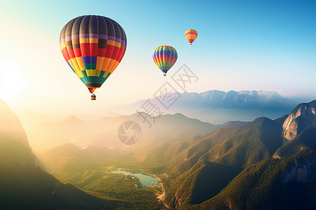 彩色热气球穿梭在山峰之间高清图片
