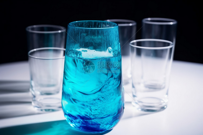 玻璃杯内的青色墨水溶解水图片