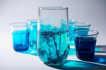 澄澈透明玻璃杯内的青色墨水溶解水背景