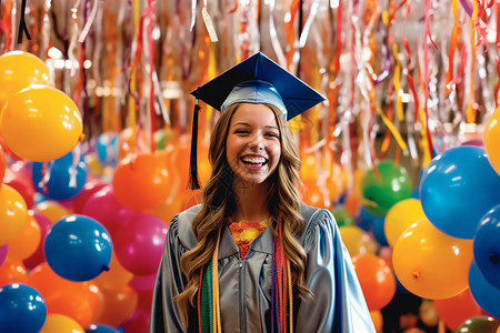 毕业生被气球和彩带包围图片