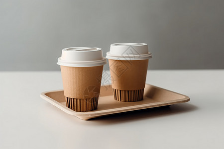 两杯纸杯咖啡在纸板托盘中图片