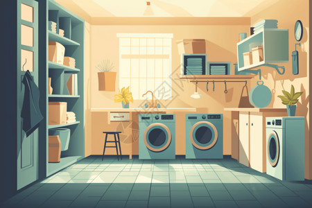 储物橱有充足储物空间的洗衣房插画