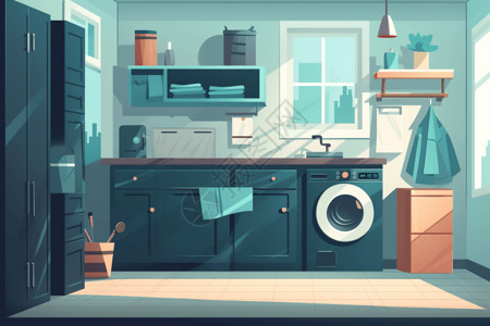 储物橱功能齐全的洗衣房插画