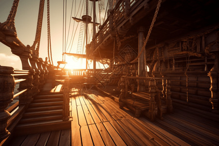 太阳甲板温暖光照下的木船设计图片